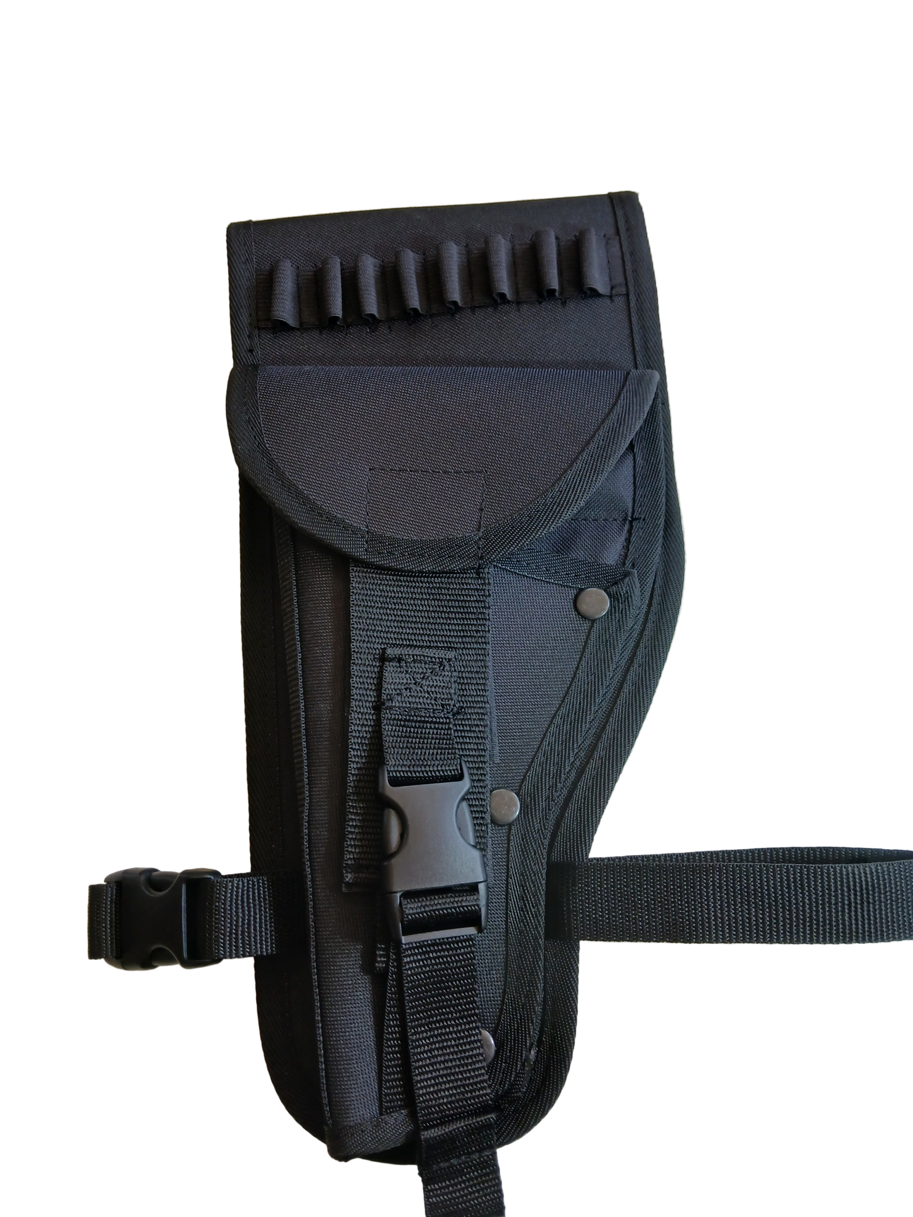 Funda tactica para pierna con canana, broche de seguridad, correa deslizante y hebilla de rapida liberacion.